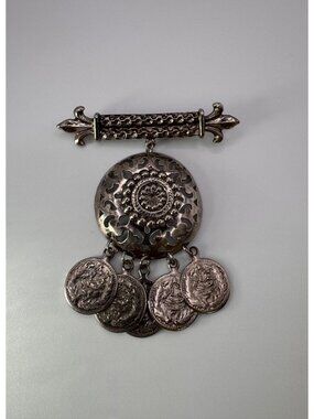 Vintage Dangle Coin Brooch Silver Tone Filigree Pendant Style 2.75”